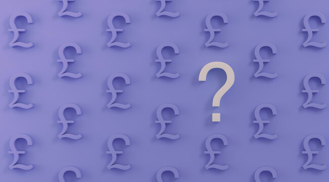 White question mark among purple British pound symbols