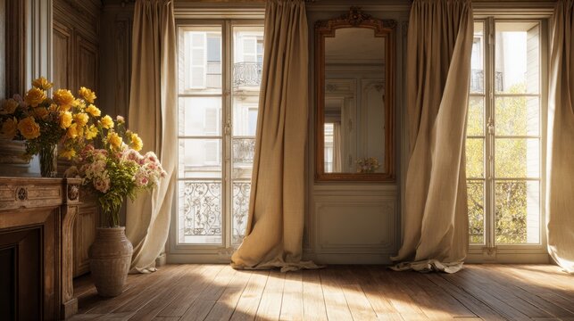 Beautiful vintage parisian apartment interior flooded with warm morning sunlight, aged wooden floor, linen curtains moving softly in breeze, antique