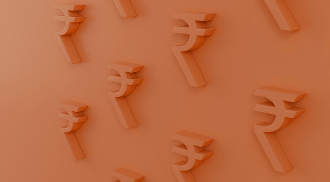 3D rendering of Indian rupee currency symbols on orange background