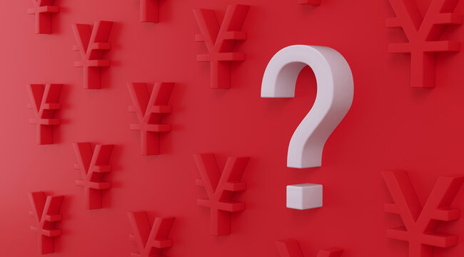 White question mark among red Yen or Yuan symbol for finance concept
