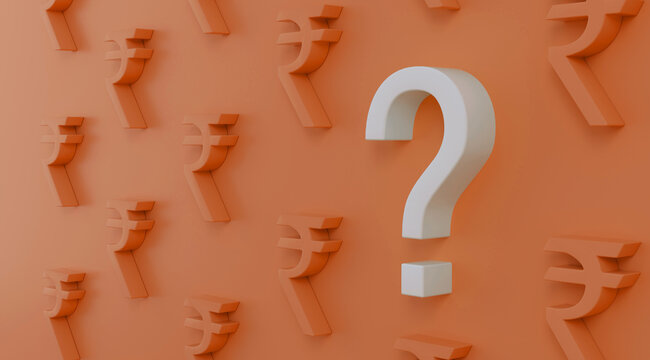 White 3D question mark among orange Indian rupee currency symbols