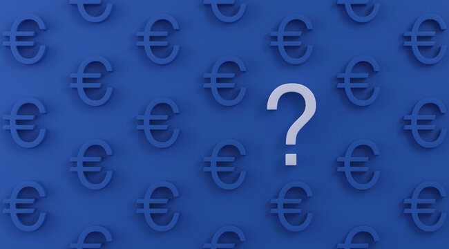White question mark among blue euro symbols illustrating uncertainty