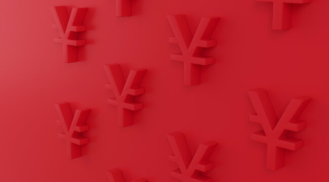 Red 3D yen and yuan currency symbols on a red background