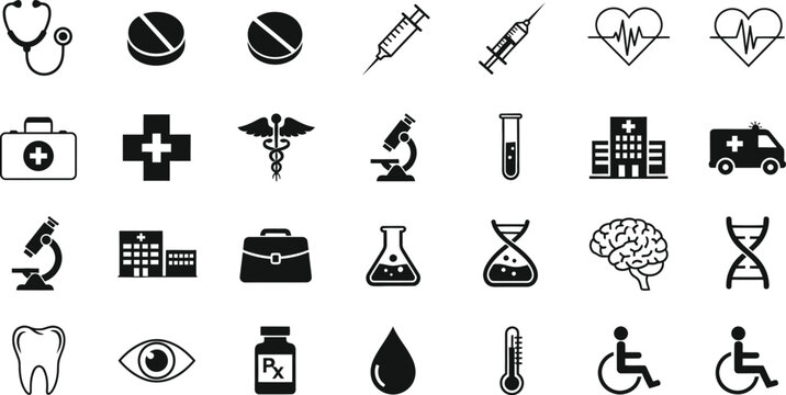 medical, healthcare, icons, hospital, ambulance, stethoscope, syringe, pills, microscope, laboratory, dna, brain, tooth, eye, thermometer, wheelchair, pharmacy, clinic, medical icons, healthcare symbo