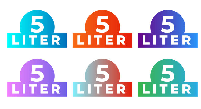5 Liter capacity product packaging label badges set with colorful gradients