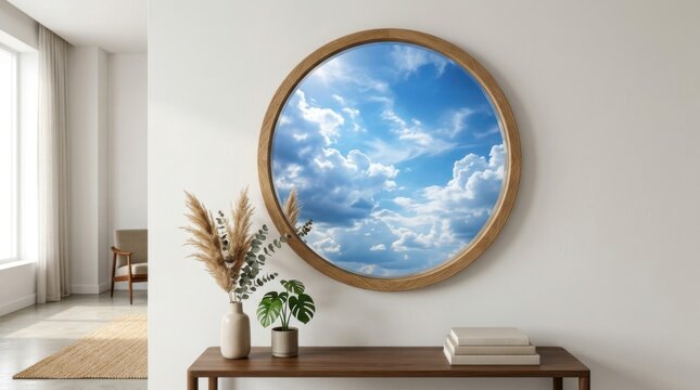 Minimalist Interior with Round Mirror Reflecting Blue Sky