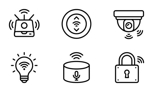 Smart Home Technology Icons: Security Camera, Light Bulb, Lock, Hub, and Control Panel Vector Set