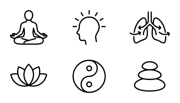 Mindfulness Icons Set: Meditation, Yoga, Breathing, Lotus, Yin Yang, Zen Stones, Wellness Vector Graphics