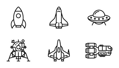Spacecraft Icons Set: Rocket, Shuttle, UFO, Lunar Lander, Fighter Jet, Spaceship Vector Graphics for Sci-Fi and Exploration Themes © Shariful