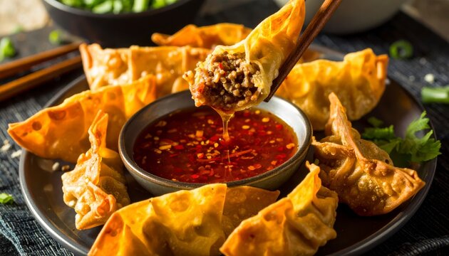 Golden brown crispy wontons filled with seasoned minced pork being dipped in savory sauce