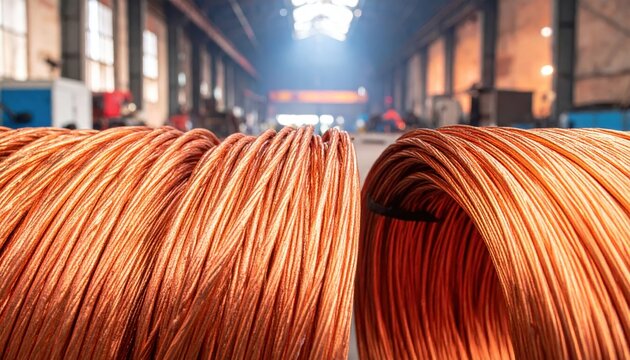 Large spools of bright copper wiring arranged in a factory setting