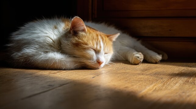 cat sleeping sunlight spot wooden floor cozy home pet lifestyle calm peaceful warm light minimal scene