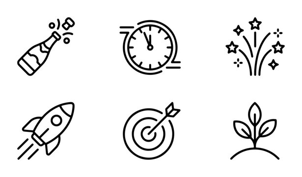 Celebration Icons: Champagne Bottle, Clock, Fireworks, Rocket, Target, Plant Growth, Vector Set