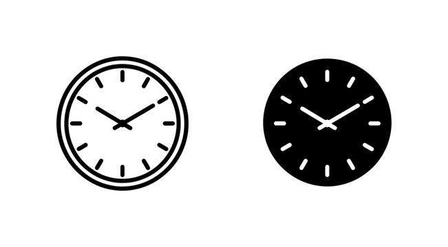 Classic Round Clock Icons, Timekeeping Symbols, Analog Watch Faces, Simple Vector Graphics for Business and Lifestyle