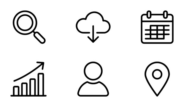 Business Icons Set: Search, Cloud Download, Calendar, Analytics, User, Location Pin. Simple Line Art Vector Graphics.