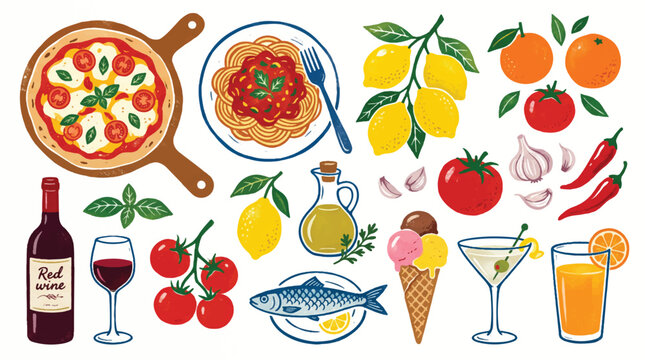 Italian food illustration with pizza pasta seafood and fresh produce