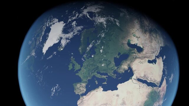Spain, France, Portugal, Italy, UK, Norway and Europe from space slow zoom into orbiting earth	
