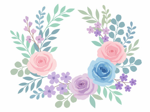 An elegant floral wreath featuring pastel roses and greenery, symbolizing beauty, love, and the enchanting allure of nature's blossoms in a serene design.