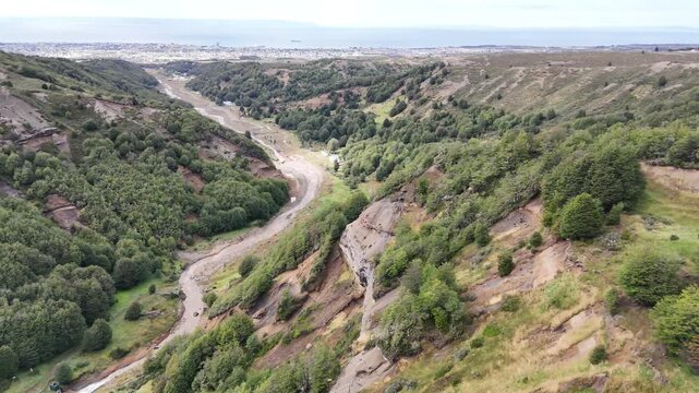 A high-angle aerial drone orbit rotating clockwise over the deep forested valleys of Reserva Nacional Magallanes near Punta Arenas, showcasing the winding Las Minas River and ocean horizon