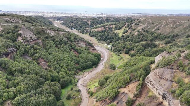 A wide, high-angle aerial drone shot overlooking the steep clay cliffs and subantarctic forests of Reserva Nacional Magallanes, with the city of Punta Arenas and the Strait of Magellan beyond