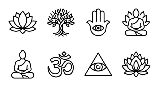 Spiritual Icons Set: Lotus, Buddha, Tree of Life, Om Symbol, Hamsa Hand, Eye of Providence, Vector Graphics for Wellness and Meditation