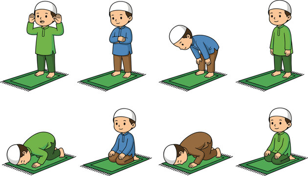 Cute Muslim Boy Prayer Pose Set with Salah Positions on Prayer Mat for Islamic Education and Religious Character Designs
