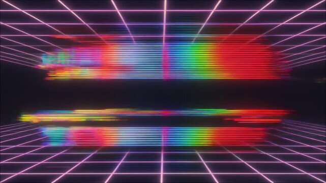 Vibrant neon grid with rainbow colors and reflective surface in a dark room with futuristic lighting
