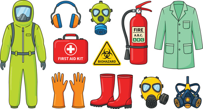 Safety and Hazmat Equipment Set with Protective Suit, Gas Mask, First Aid Kit, Fire Extinguisher, Biohazard, and PPE Symbols for Industrial Designs