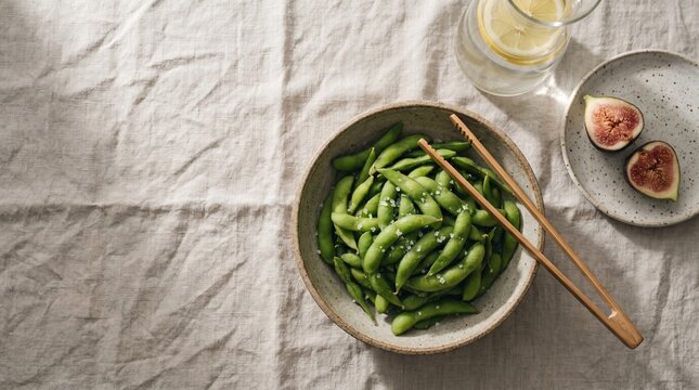 Steamed edamame pods with sea salt top view food photography on linen background
