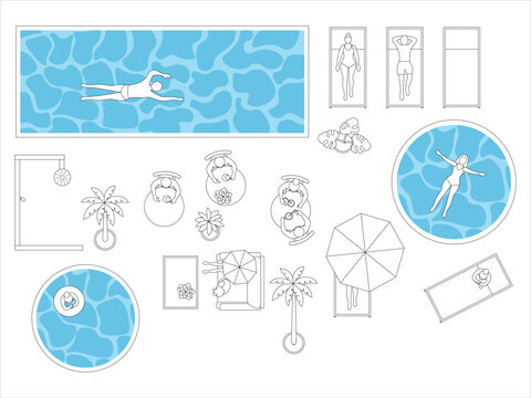 Top view architectural drawing of swimming pool area with relaxing people, modern floor plan layout with sun loungers, swimmers, tables and palm trees, minimal line illustration