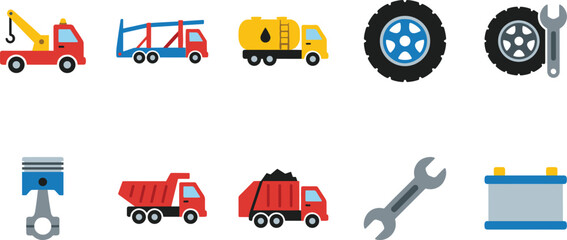 Heavy Truck and Auto Parts Icon Set with Tow Truck, Tanker, Dump Truck, Tire, Wrench, Piston, and Battery Symbols for Automotive Designs © Mifta