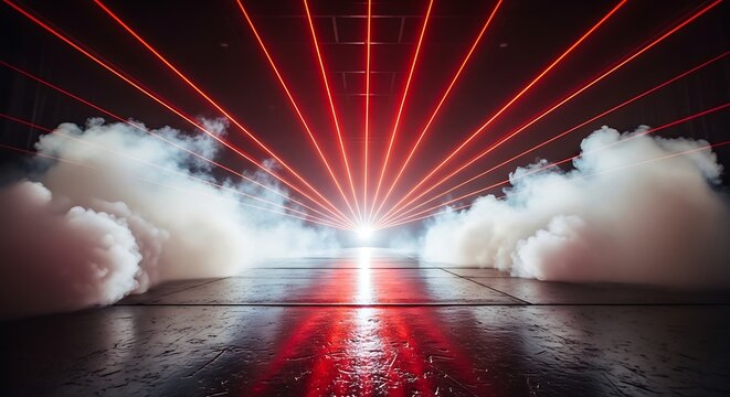 Empty dark stage floor illuminated by red laser beams and thick atmospheric white smoke