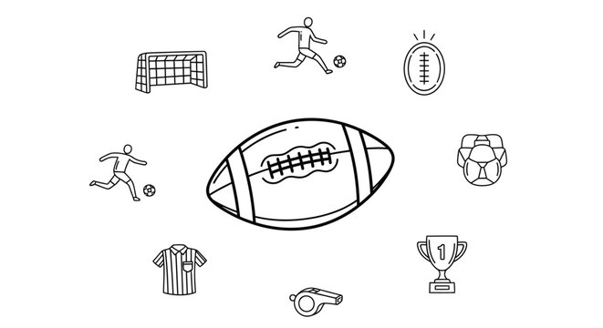 Hand drawn doodle set of American football sport equipment and elements.