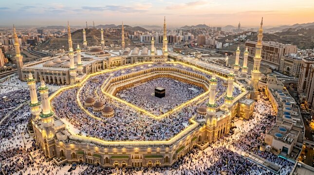 Aerial view of a large crowd of people gathered around the illuminated masjid al haram mosque at sunset in mecca saudi arabia with mountains in the background