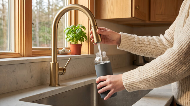 Woman filling a reusable glass water bottle with silicone sleeve from a modern gold pull-down kitchen faucet.