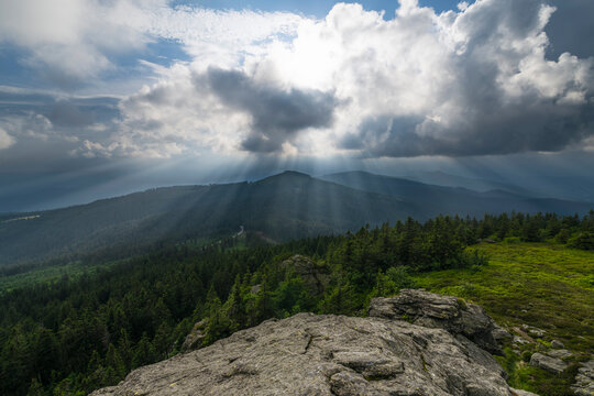 Sunbeams over Gro�er Arber mountain in the Bavarian Forest