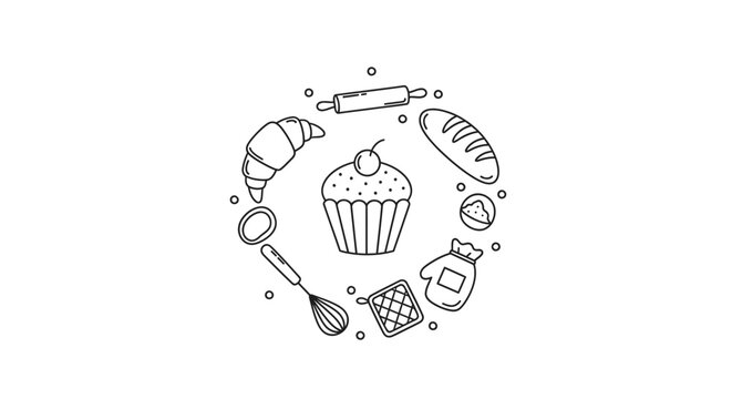 Hand drawn doodle set of bakery items and kitchen utensils arranged in a circle.