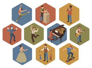 This colorful illustration showcases a variety of artistic performers engaging in different activities like dance, music, and acting, representing creativity and human expression vividly. © James