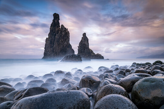 Volcanic sea stacks and basalt stones at Ribeira da Janela