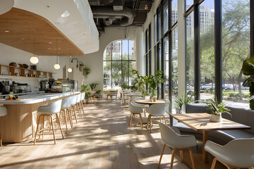 Fototapeta premium A sunlit interior of a modern caf? with light wood floors, seating, and a long counter. Tall windows offer views