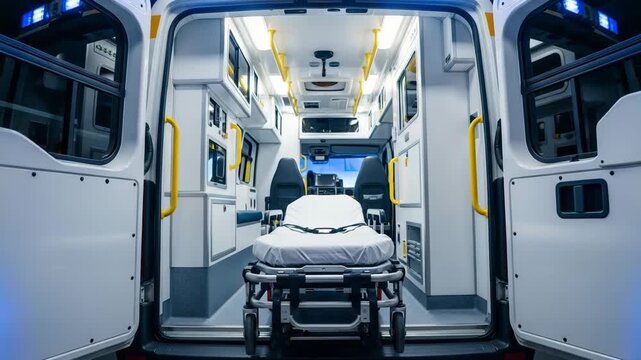 Ambulance interior with stretcher in modern emergency vehicle  