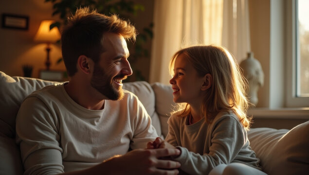 Heartwarming father and daughter conversation at home, realistic emotional interaction, cozy living room atmosphere, soft ambient lighting, candid storytelling moment, premium lifestyle editorial phot