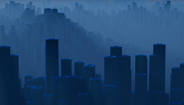 Abstract 3d rendered cityscape made of blue pipes in haze