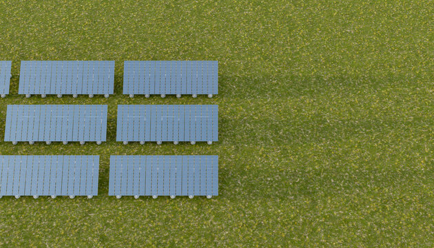 Top view of solar panel farm on green grass with copy space