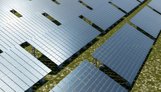 High angle view of a solar farm for renewable energy