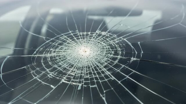 Cracked windshield of a car with spiderweb pattern  