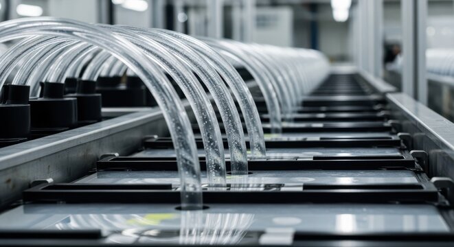 Automated manufacturing line with clear liquid flowing through parallel tubing in a bright, modern factory setting