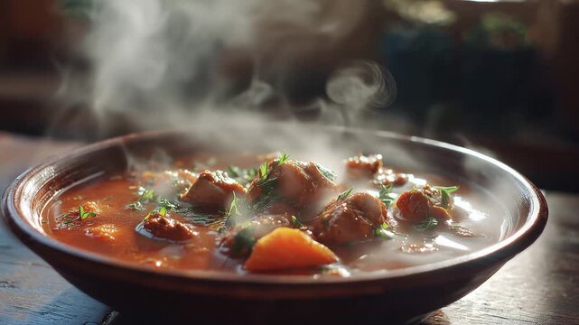 Steaming hot meatball stew in a rustic bowl with carrots during a cozy meal with cinematic lighting