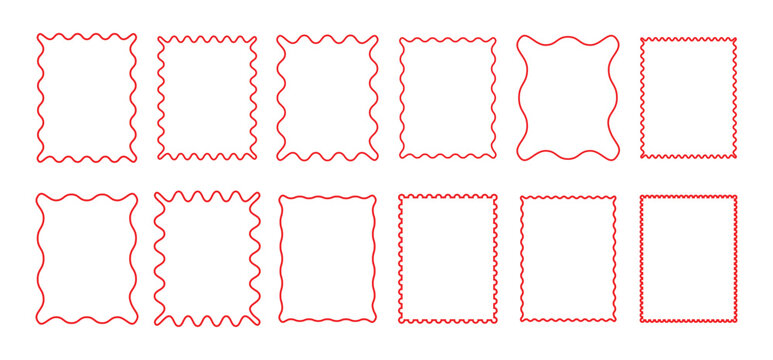Set of rectangle frames with wavy edges. Zigzag wavy edges, rectangles, photo frames, text boxes, tags, labels. Wavy edge shapes frame box vector illustration. Squiggle curve doodle rectangle sketch.