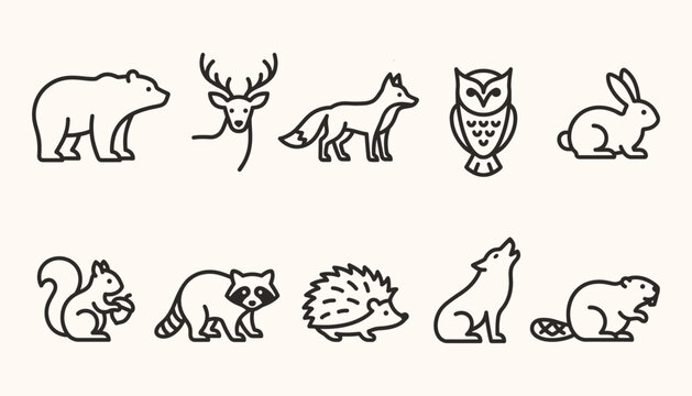 Minimalist forest animal line art icons set for eco friendly branding and modern web design